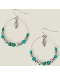 Accessorize - Women's Blue/silver Leaf Drop Beaded Hoop Earrings - Lyst