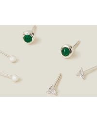 Accessorize - Women's Sterling Silver Plated And Green Pack Of 3 Quartz Studs - Lyst