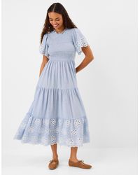 Accessorize - Casual Midi Short Sleeve Regular Cotton Floral Cutout Smocked Cutwork Dress, Light - Lyst