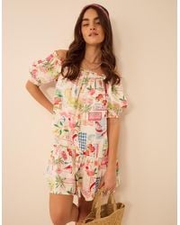 Accessorize - Postcard Print Puff Sleeve Mini Dress - Lyst