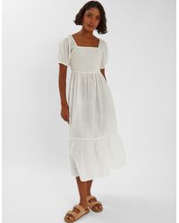 Accessorize - Embroidered Puff Sleeve Cotton Midi Dress - Lyst