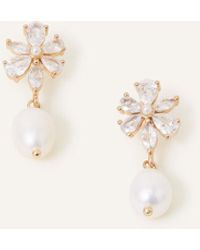 Accessorize - Women's Gold And White Brass Crystal Flower Pearl Drop Earrings - Lyst