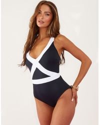Accessorize - Women's Black And White Textured Monochrome Shaping Swimsuit - Lyst