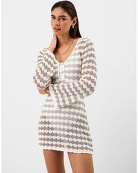 Accessorize - Mini Long Sleeve V-Neck Beach Cotton Metallic Crochet Dress - Lyst
