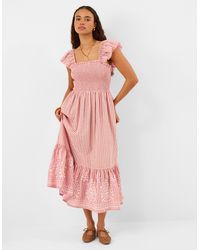 Accessorize - Midi Short Sleeve Square Neck Embroidered Cotton Casual Regular Striped Stripe Dress - Lyst