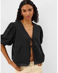 Accessorize - Short Sleeve V-Neck Cotton Blouses Regular Puff Tie Front Blouse - Lyst