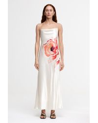 Acler - Sandon Midi Dress For Bias-Cut Satin, Hand Painted Floral Print - Lyst