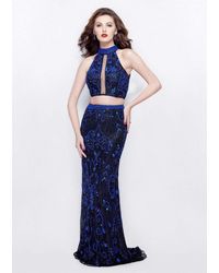Primavera Couture High Halter Cutout Evening Dress - Blue