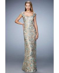 La Femme Lace Brocade Sheath Evening Gown - Metallic