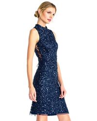 Adrianna Papell Ap1e202826 Sequined High Neck Fitted Cocktail Dress - Blue