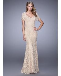 La Femme 21657 Charming Lace Long Evening Dress - Natural