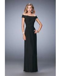 La Femme Ruched Off Shoulder Criss Cross Evening Gown 21979sc 1 Pc Black In Size 2 Available