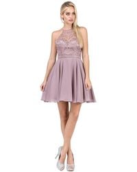 Dancing Queen Halter Embroidered Lace Homecoming Dress - Pink