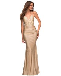 La Femme 30340 Cross Bodice Beaded Gown - Natural