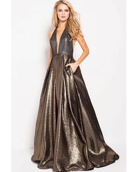 Jovani 57237 Plunging Halter Metallic A-line Prom Gown