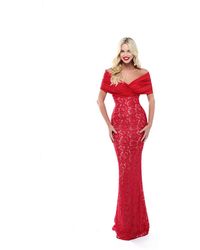 Tarik Ediz 50506 Ruched Off Shoulder Lace Mermaid Gown - Red