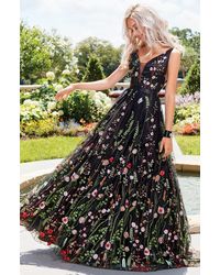 Clarisse Floral Ornate Plunging V-neck Tulle Dress - Black