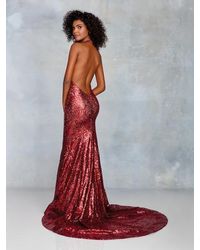 Clarisse 3721 Sequined Plunging Halter Backless Gown - Red