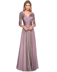 La Femme Sheer Lace Quarter Sleeves Empire Waist A-line Gown 27153sc - Purple