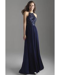 Madison James 18-605 Sequin Ornate Embroidered Bodice A-line Gown - Blue