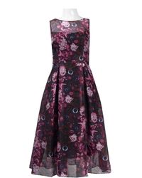 Adrianna Papell Ap1d101885 Printed Jewel Neck Pleated A-line Dress - Purple