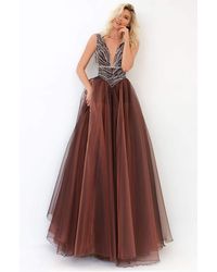 Tarik Ediz 93939 V-neck Bejeweled A-line Dress - Brown