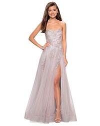 La Femme Floral Embellished Strapless A-line Dress With Slit 27803sc 2 Pcs Mauve/silver In Size 2 And 10 Available - Multicolour