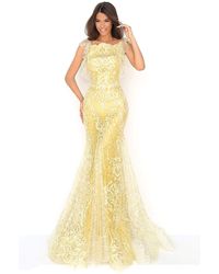 Tarik Ediz 50640 Sequin Embroidery Applique Open Back Mermaid Gown - Yellow
