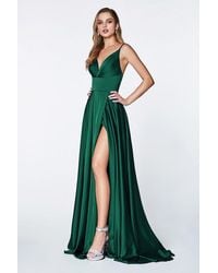 Cinderella Divine V Neck Wrap Satin Gown With Slit - Green