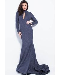 Jovani 55205 High Neck Long Sleeve Cutout Gown - Blue