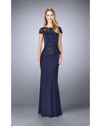 La Femme Bateau Neck Festooned Peplum Evening Gown 23444sc 1 Pc. Navy In Size 6 And 1 Pc Crimson In Size 14 Available - Blue