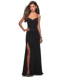 La Femme Long Crisscross-strapped High Slit Gown 27657sc - Black