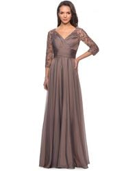La Femme Sheer Lace Quarter Sleeves Empire Waist A-line Gown 27153sc - Brown