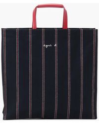 agnès b. Navy Blue Canvas Shopping Bag With Stripes