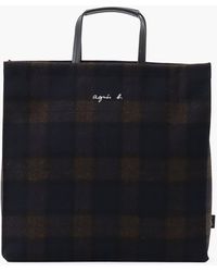 agnès b. Navy Blue And Brown Checked Wool Shopping Bag