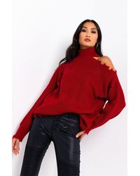 AKIRA Rest Dont Stress Cold Shoulder Distressed Sweater - Red