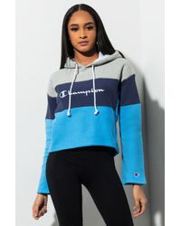 Champion Reverse Weave Colorblock Cropped Hoodie - Blue
