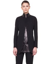 Akris Long Double Face Wool Jacket With A Stand-up Leather Collar - Black