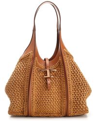 Tod's - Medium T Timeless Tote Bag In Raffia And Leather - Lyst