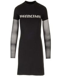Balenciaga - Black ,esh Sleeve Mini Dress With Logo On Front - Lyst