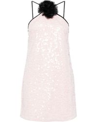 Self-Portrait - Pale Pink Sequin Mini Dress From , With Thin Black Straps And Flower Detail On The Front. - Lyst