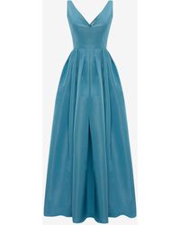 Alexander McQueen Blue V-neck Silk Faille Evening Dress