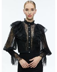 Alice + Olivia - Delpha Ruffle Lace Blouson Sleeve Cropped Top - Lyst
