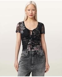 AllSaints - Polyester Gabby Slim Fit Floral Mesh Top, /Us 0 - Lyst