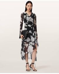 AllSaints - Polyester Loria Draped Mesh Midi Dress, /Us 10 - Lyst