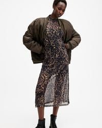 AllSaints - Hanna Mesh Animal Print Midi Dress,, Jinx Golden - Lyst