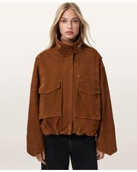 AllSaints - Clay Funnel Neck Suede Cropped Jacket - Lyst