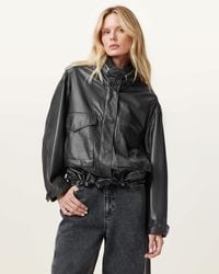 AllSaints - Clay Funnel Neck Cropped Leather Jacket - Lyst
