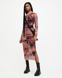AllSaints - Tia Colca Mesh Printed Midi Dress - Lyst