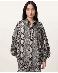 AllSaints - Charli Snake Print Long Sleeve Shirt, Flow Ecru - Lyst